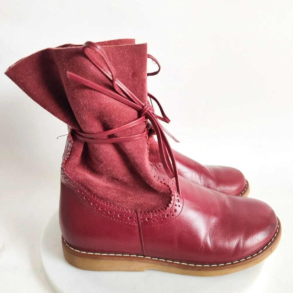 Elephantito Boots Girls Size 12 Mid-Calf Brogue LeatherNubuck‎ Red Bow Detail